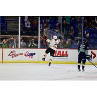 Vancouver Giants right wing Tyler Thorpe celebrates his game-winner vs. the Seattle Thunderbirds