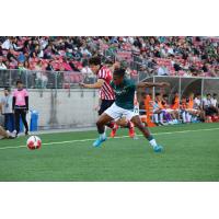 Matteo de Brienne of Atlético Ottawa battles down the left-flank